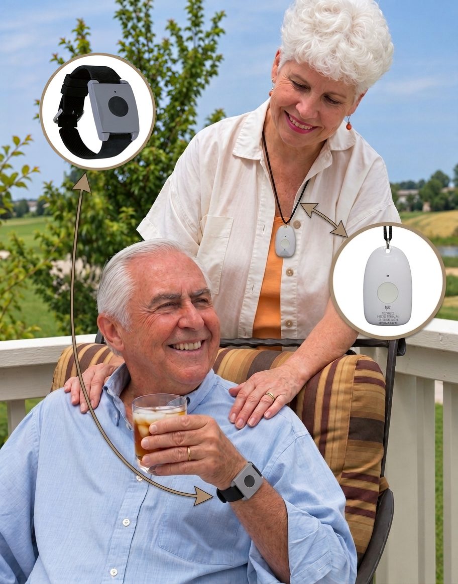 Un couple souriant sur une terrasse : lui porte le bouton GPS Secours-Mobile au poignet, elle le bouton Secours-Maison en pendentif